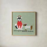 Puppy It's Cold Outside V by Yvette St. Amant. Shown in a natural wood glass frame for a timeless modern aesthetic. Available as an archival giclee rolled canvas, fine art paper, or poster print. SKU 97561a.