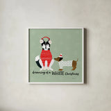Puppy It's Cold Outside V by Yvette St. Amant. Shown in a crisp white glass frame for a clean and minimalist style. Available as an archival giclee rolled canvas, fine art paper, or poster print. SKU 97561a.