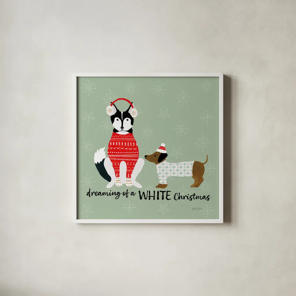 Puppy It's Cold Outside V by Yvette St. Amant. Shown in a crisp white glass frame for a clean and minimalist style. Available as an archival giclee rolled canvas, fine art paper, or poster print. SKU 97561a.