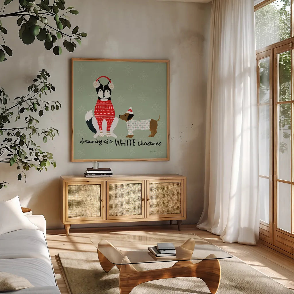 Puppy It's Cold Outside V by Yvette St. Amant. Shown in a natural wood frame in a cozy modern living room. Available as an archival giclee rolled canvas, fine art paper, or poster print. SKU 97561a.