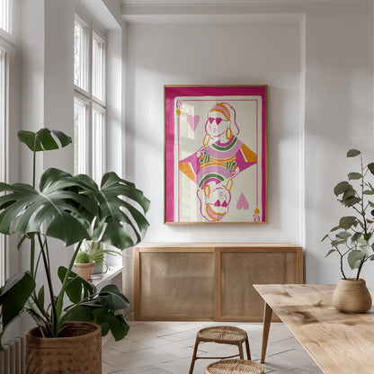 Queen of Hearts by Yvette St. Amant. shown as a print in a natural wood frame in a dining room. Available as a archival giclee rolled canvas, fine art paper, or poster print. SKU 92233h.
