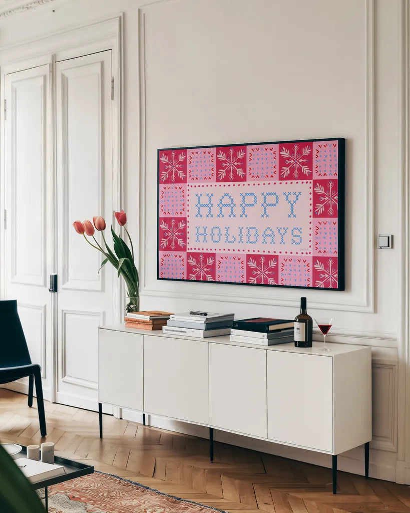 Quilted Christmas I by Yvette St. Amant. shown as a framed stretched canvas in a living room above a console. Available as a archival giclee rolled canvas, fine art paper, or poster print. SKU 102824i.