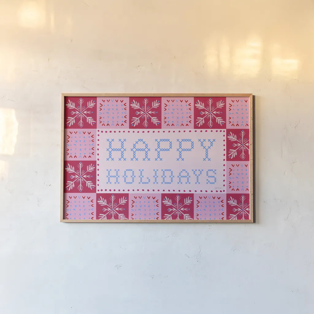 Quilted Christmas I by Yvette St. Amant. shown as a paper print in a natural frame. Available as a archival giclee rolled canvas, fine art paper, or poster print. SKU 102824i.