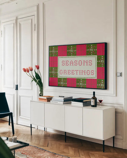 Quilted Christmas II by Yvette St. Amant. shown as a framed stretched canvas in a living room above a console. Available as a archival giclee rolled canvas, fine art paper, or poster print. SKU 102825i.