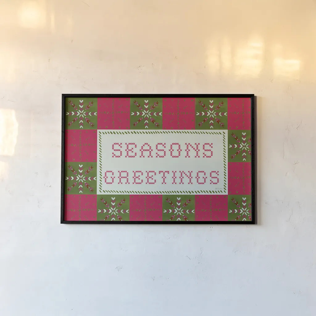 Quilted Christmas II by Yvette St. Amant. shown as a paper print in a black flame. Available as a archival giclee rolled canvas, fine art paper, or poster print. SKU 102825i.