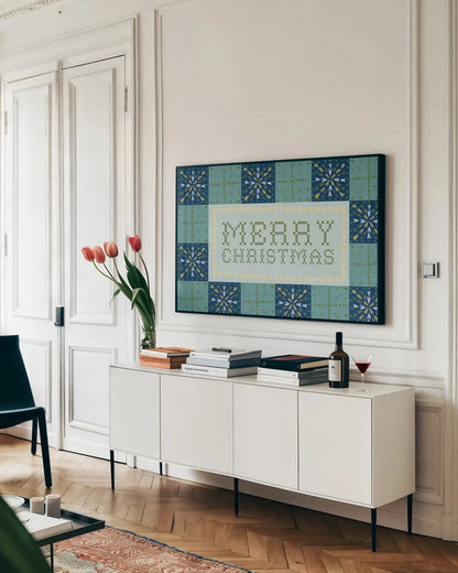 Quilted Christmas IV by Yvette St. Amant. shown as a framed stretched canvas in a living room above a console. Available as a archival giclee rolled canvas, fine art paper, or poster print. SKU 102827i.