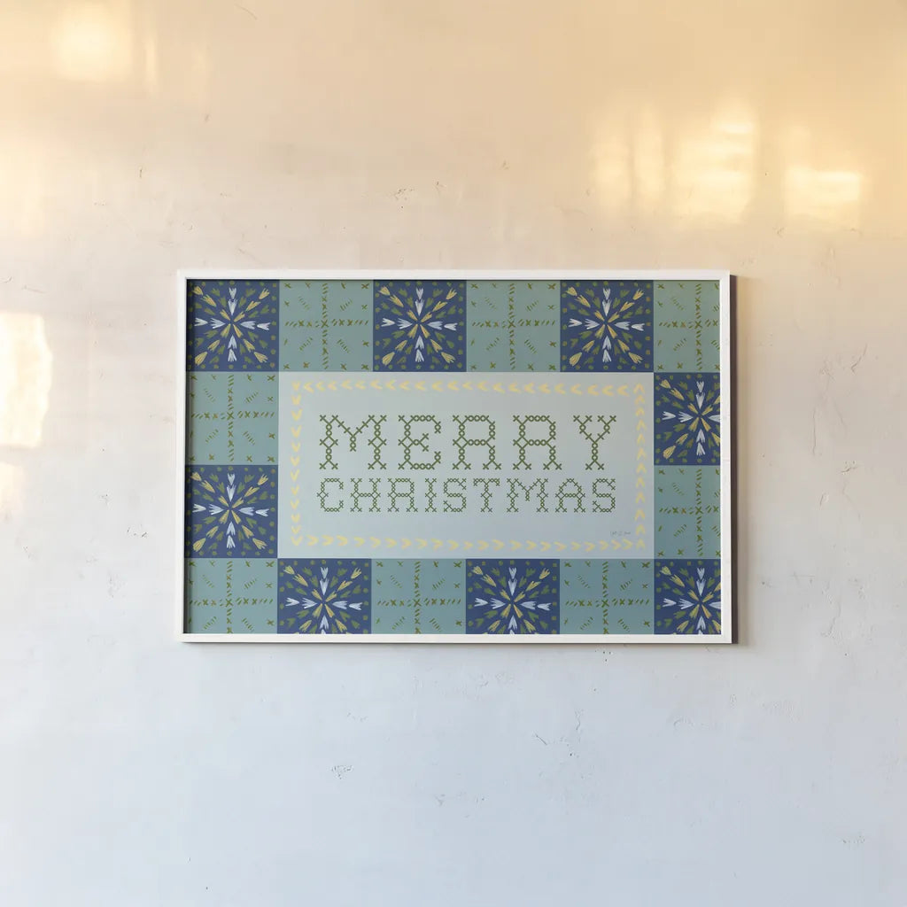 Quilted Christmas IV by Yvette St. Amant. shown as a paper print in a white frame. Available as a archival giclee rolled canvas, fine art paper, or poster print. SKU 102827i.