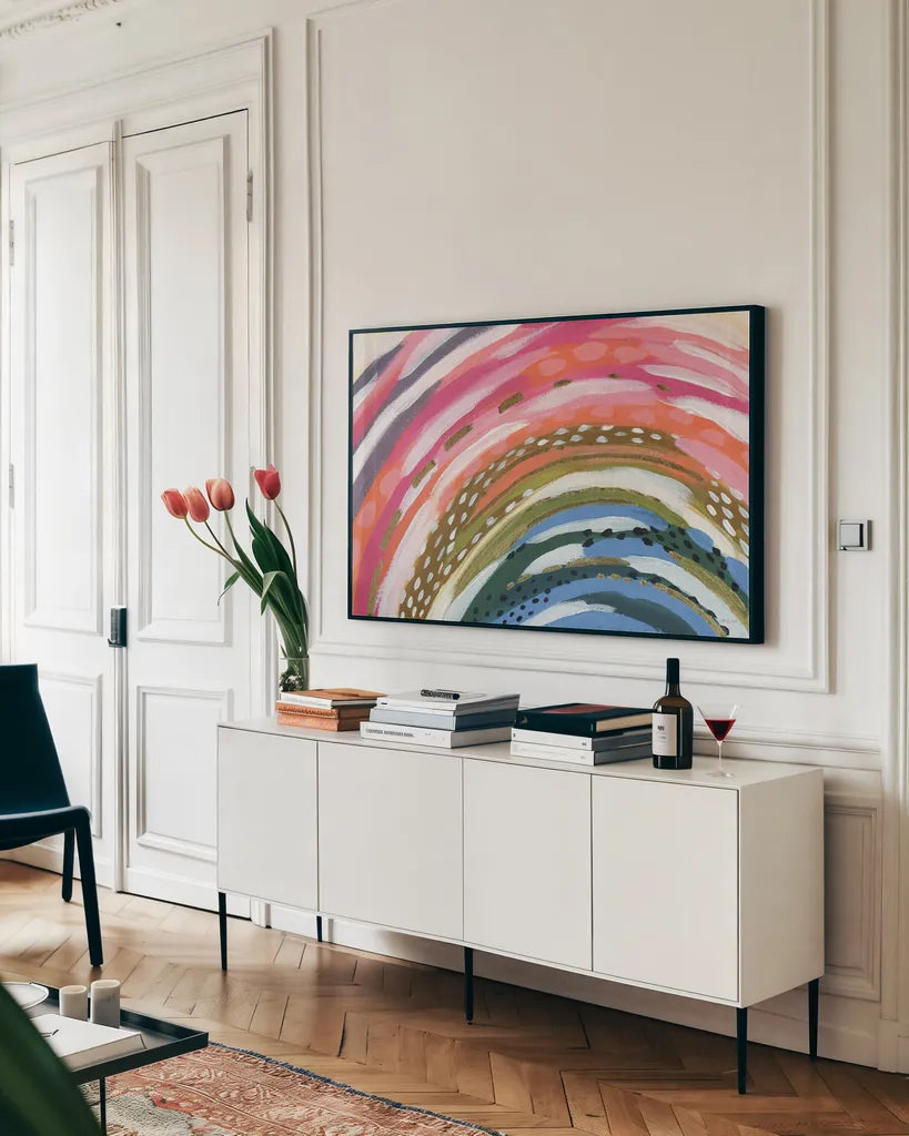 Rainbow Splash by Yvette St. Amant. shown as a framed stretched canvas in a living room above a console. Available as a archival giclee rolled canvas, fine art paper, or poster print. SKU 88802i.