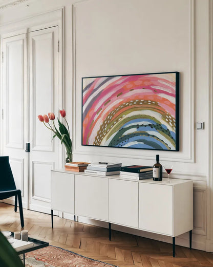 Rainbow Splash by Yvette St. Amant. shown as a framed stretched canvas in a living room above a console. Available as a archival giclee rolled canvas, fine art paper, or poster print. SKU 88802i.