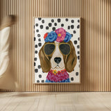 Reagle Beagle Polka Dot Background by Yvette St. Amant. shown as over sized large wall art. Available as an archival giclee rolled canvas, fine art paper, or poster print. SKU 101261h.