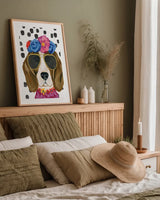 Reagle Beagle Polka Dot Background by Yvette St. Amant. shown as a paper print in a natural frame. Available as a archival giclee rolled canvas, fine art paper, or poster print. SKU 101261h.