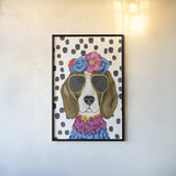 Reagle Beagle Polka Dot Background by Yvette St. Amant. shown as a paper print in a black flame. Available as a archival giclee rolled canvas, fine art paper, or poster print. SKU 101261h.
