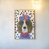 Reagle Beagle Polka Dot Background by Yvette St. Amant. shown as a paper print in a natural frame. Available as a archival giclee rolled canvas, fine art paper, or poster print. SKU 101261h.