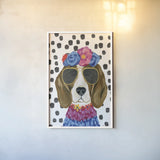 Reagle Beagle Polka Dot Background by Yvette St. Amant. shown as a paper print in a white frame. Available as a archival giclee rolled canvas, fine art paper, or poster print. SKU 101261h.