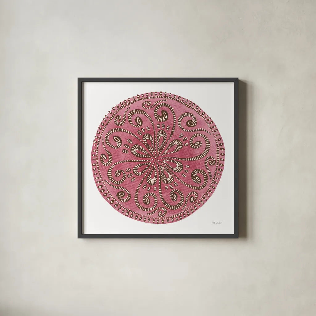 Rose Mandala by Yvette St. Amant. Shown in a sleek black glass frame for a contemporary gallery look. Available as an archival giclee rolled canvas, fine art paper, or poster print. SKU 88259a.