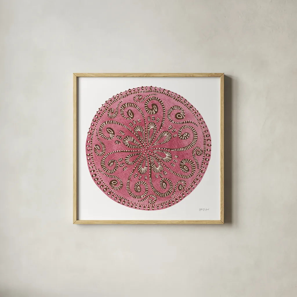 Rose Mandala by Yvette St. Amant. Shown in a natural wood glass frame for a timeless modern aesthetic. Available as an archival giclee rolled canvas, fine art paper, or poster print. SKU 88259a.