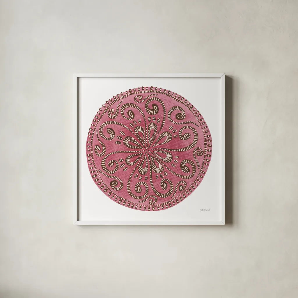 Rose Mandala by Yvette St. Amant. Shown in a crisp white glass frame for a clean and minimalist style. Available as an archival giclee rolled canvas, fine art paper, or poster print. SKU 88259a.