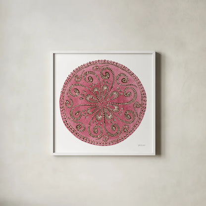 Rose Mandala by Yvette St. Amant. Shown in a crisp white glass frame for a clean and minimalist style. Available as an archival giclee rolled canvas, fine art paper, or poster print. SKU 88259a.