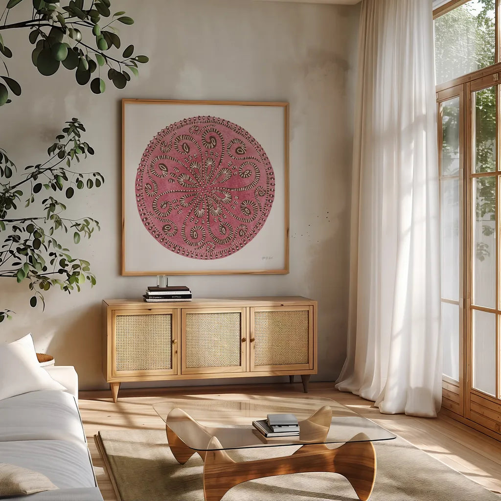 Rose Mandala by Yvette St. Amant. Shown in a natural wood frame in a cozy modern living room. Available as an archival giclee rolled canvas, fine art paper, or poster print. SKU 88259a.