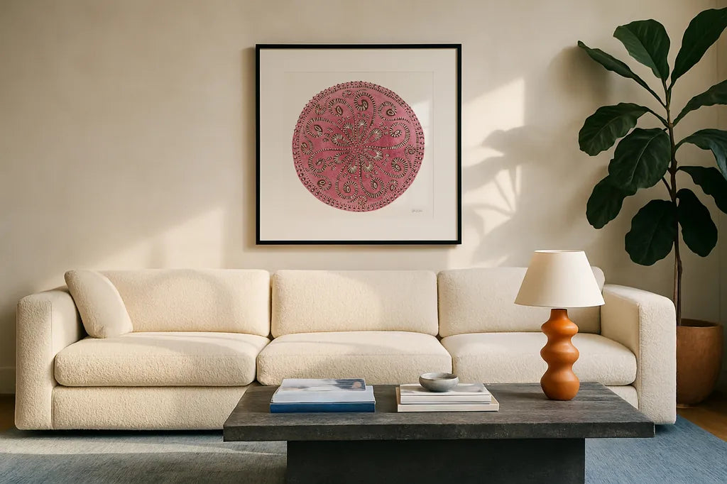 Rose Mandala by Yvette St. Amant. Displayed in a glass frame with matte in a clean modern living room. Available as an archival giclee rolled canvas, fine art paper, or poster print. SKU 88259a.