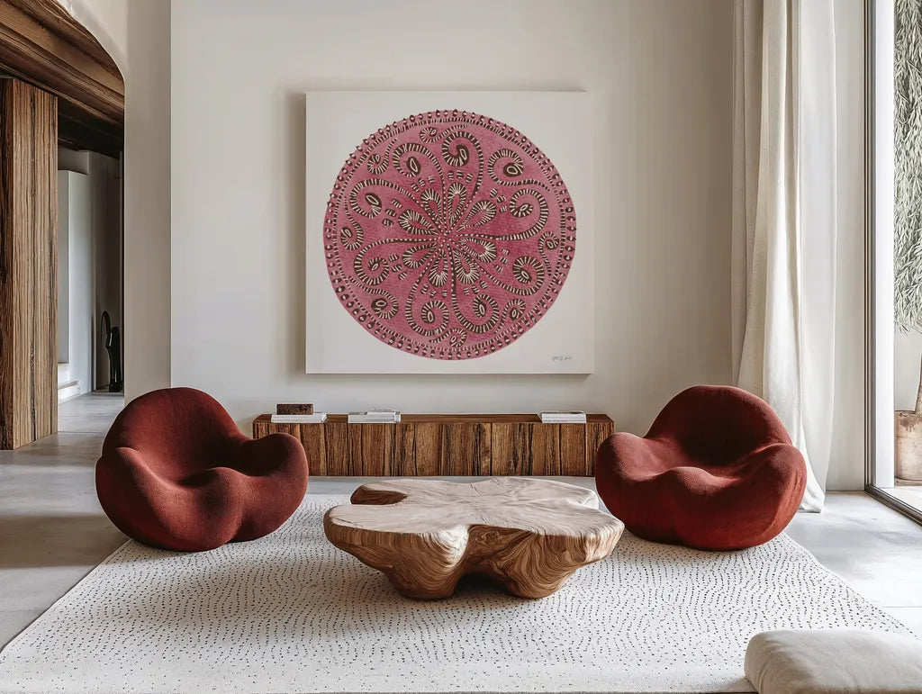 Rose Mandala by Yvette St. Amant. Shown as extra-large giant wall art in a modern living room. Available as an archival giclee rolled canvas, fine art paper, or poster print. SKU 88259a.
