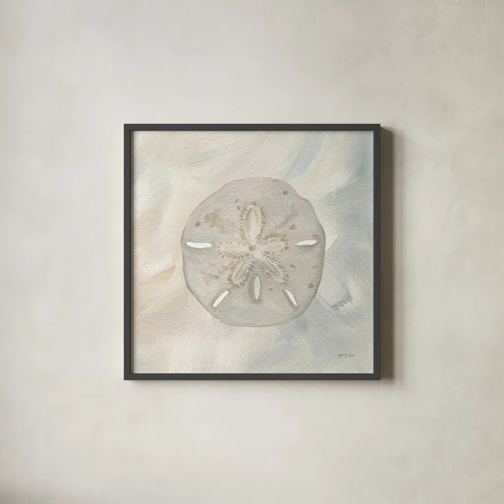 Sandollar I by Yvette St. Amant. Shown in a sleek black glass frame for a contemporary gallery look. Available as an archival giclee rolled canvas, fine art paper, or poster print. SKU 88517a.