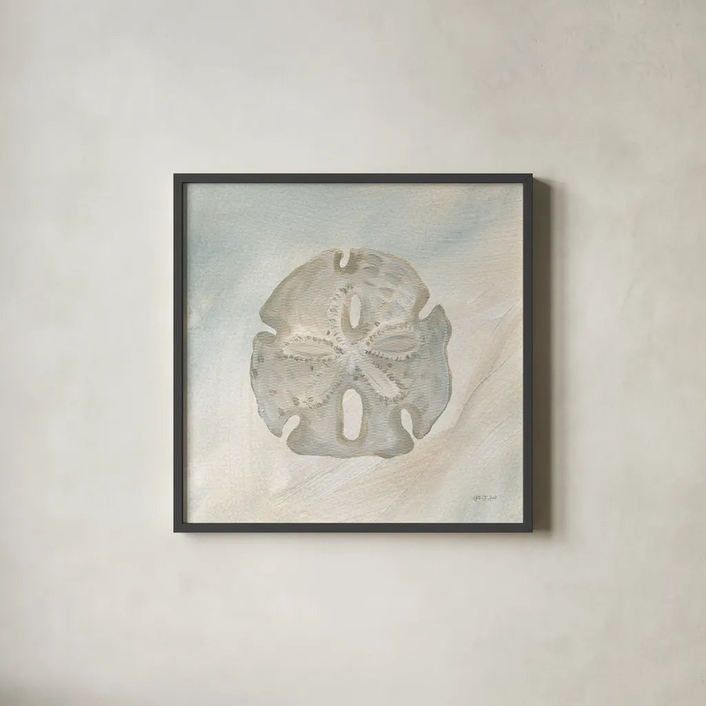 Sandollar II by Yvette St. Amant. Shown in a sleek black glass frame for a contemporary gallery look. Available as an archival giclee rolled canvas, fine art paper, or poster print. SKU 88518a.