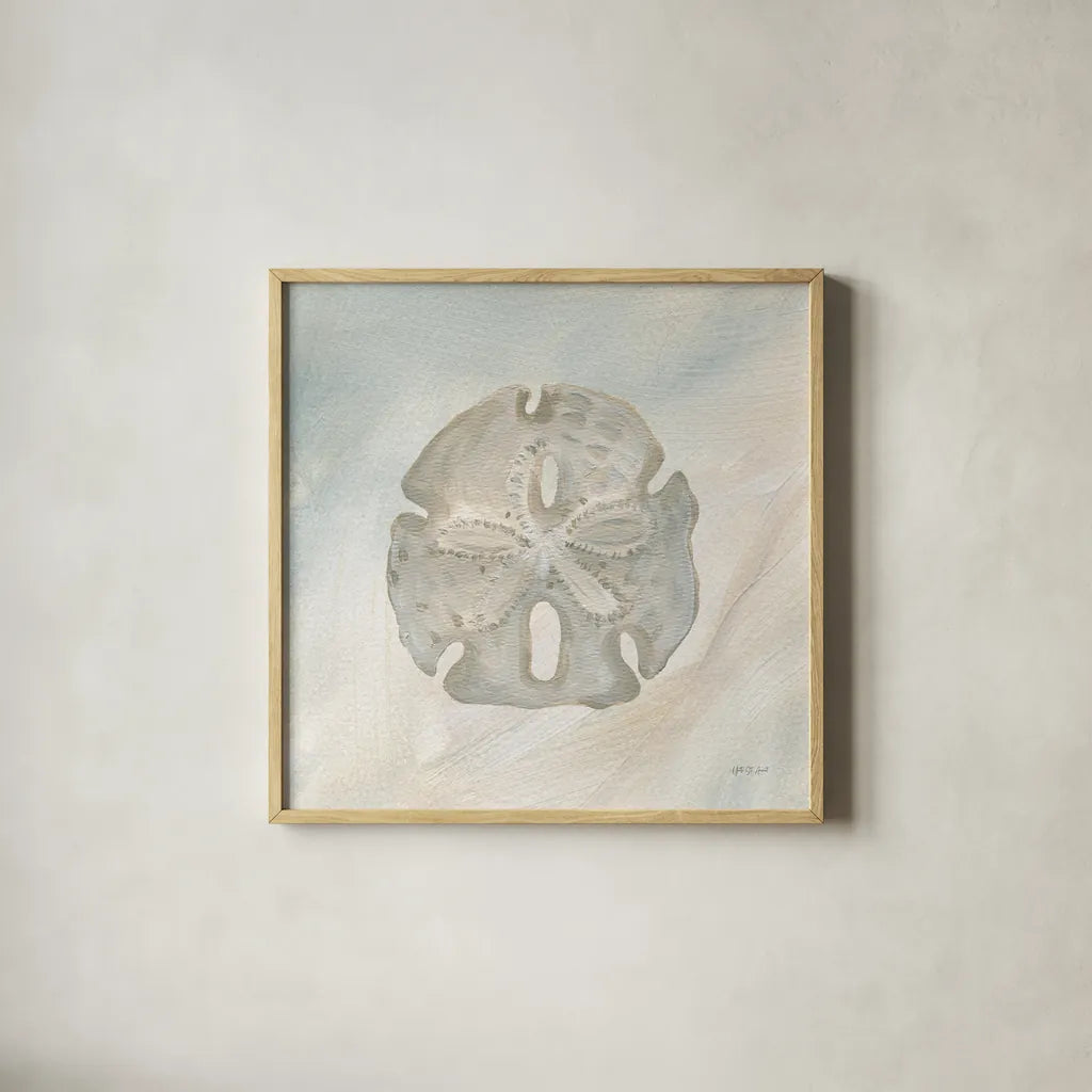 Sandollar II by Yvette St. Amant. Shown in a natural wood glass frame for a timeless modern aesthetic. Available as an archival giclee rolled canvas, fine art paper, or poster print. SKU 88518a.