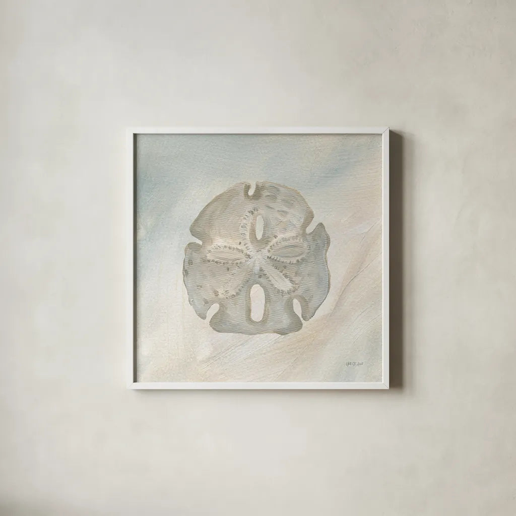 Sandollar II by Yvette St. Amant. Shown in a crisp white glass frame for a clean and minimalist style. Available as an archival giclee rolled canvas, fine art paper, or poster print. SKU 88518a.