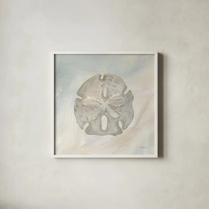 Sandollar II by Yvette St. Amant. Shown in a crisp white glass frame for a clean and minimalist style. Available as an archival giclee rolled canvas, fine art paper, or poster print. SKU 88518a.