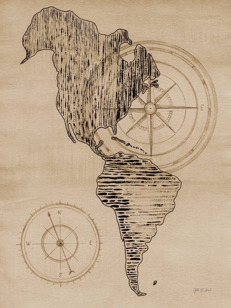 Sepia Map of Americas by Yvette St. Amant