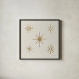 Serene Escapes Gold Stars by Yvette St. Amant. Shown in a sleek black glass frame for a contemporary gallery look. Available as an archival giclee rolled canvas, fine art paper, or poster print. SKU 91057a.