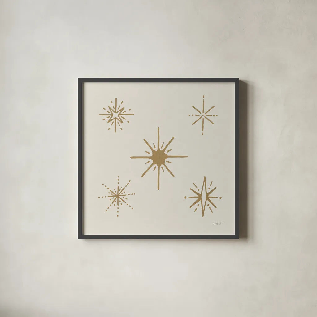 Serene Escapes Gold Stars by Yvette St. Amant. Shown in a sleek black glass frame for a contemporary gallery look. Available as an archival giclee rolled canvas, fine art paper, or poster print. SKU 91057a.