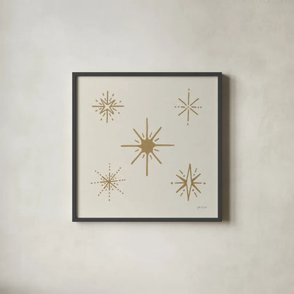 Serene Escapes Gold Stars by Yvette St. Amant. Shown in a sleek black glass frame for a contemporary gallery look. Available as an archival giclee rolled canvas, fine art paper, or poster print. SKU 91057a.
