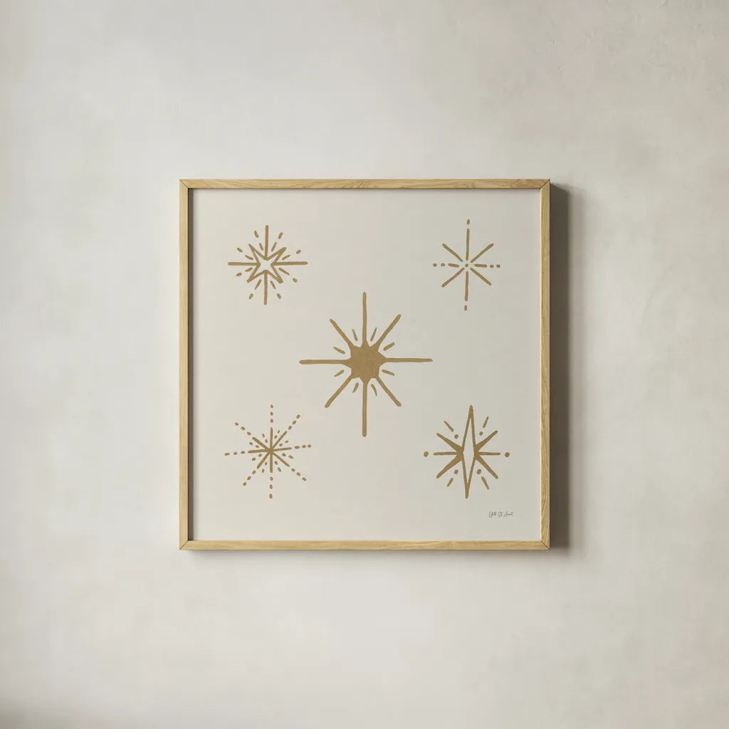 Serene Escapes Gold Stars by Yvette St. Amant. Shown in a natural wood glass frame for a timeless modern aesthetic. Available as an archival giclee rolled canvas, fine art paper, or poster print. SKU 91057a.