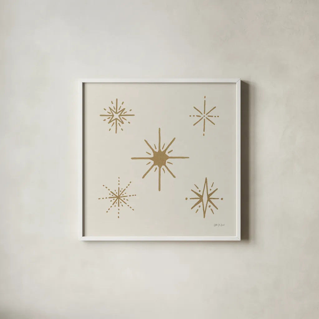 Serene Escapes Gold Stars by Yvette St. Amant. Shown in a crisp white glass frame for a clean and minimalist style. Available as an archival giclee rolled canvas, fine art paper, or poster print. SKU 91057a.
