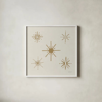 Serene Escapes Gold Stars by Yvette St. Amant. Shown in a crisp white glass frame for a clean and minimalist style. Available as an archival giclee rolled canvas, fine art paper, or poster print. SKU 91057a.