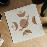 Serene Saturn and Moons by Yvette St. Amant. Shown as a detailed flat fine art print, highlighting archival giclee quality. Available as an archival giclee rolled canvas, fine art paper, or poster print. SKU 91056a.