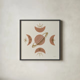 Serene Saturn and Moons by Yvette St. Amant. Shown in a sleek black glass frame for a contemporary gallery look. Available as an archival giclee rolled canvas, fine art paper, or poster print. SKU 91056a.