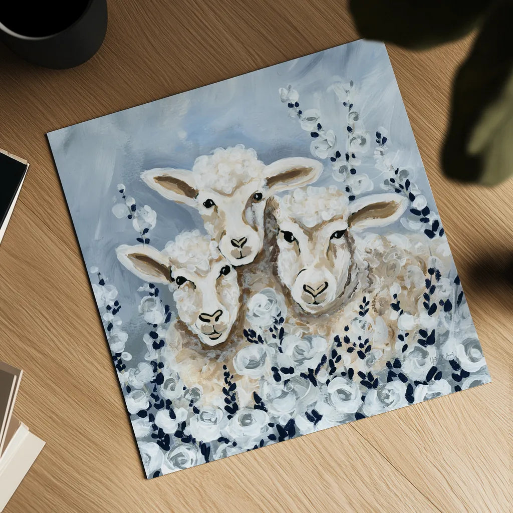 Sheep in the Meadow by Yvette St. Amant. Shown as a detailed flat fine art print, highlighting archival giclee quality. Available as an archival giclee rolled canvas, fine art paper, or poster print. SKU 89495a.