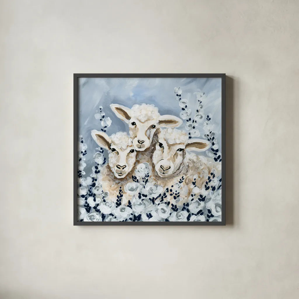 Sheep in the Meadow by Yvette St. Amant. Shown in a sleek black glass frame for a contemporary gallery look. Available as an archival giclee rolled canvas, fine art paper, or poster print. SKU 89495a.