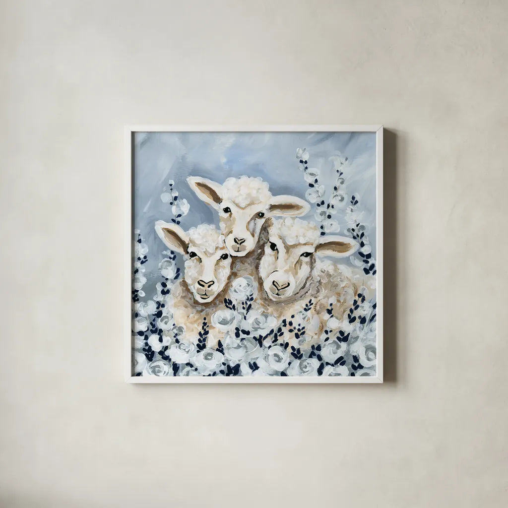 Sheep in the Meadow by Yvette St. Amant. Shown in a crisp white glass frame for a clean and minimalist style. Available as an archival giclee rolled canvas, fine art paper, or poster print. SKU 89495a.