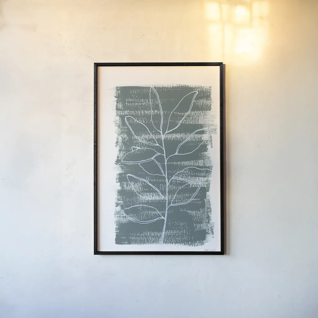 Simple Sprigs of Bay Leaf by Yvette St. Amant. shown as a paper print in a black flame. Available as a archival giclee rolled canvas, fine art paper, or poster print. SKU 93599h.