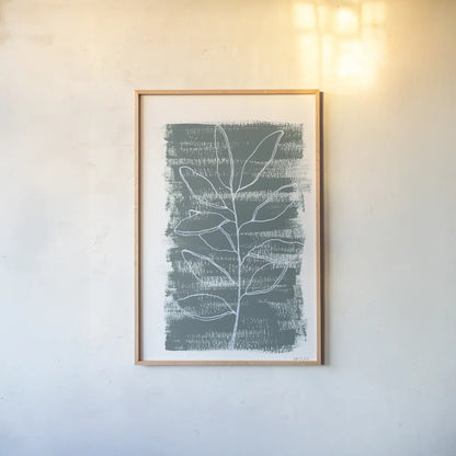 Simple Sprigs of Bay Leaf by Yvette St. Amant. shown as a paper print in a natural frame. Available as a archival giclee rolled canvas, fine art paper, or poster print. SKU 93599h.
