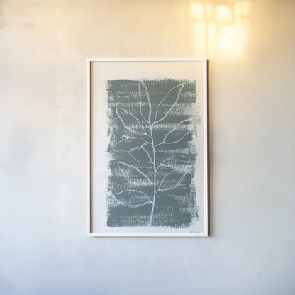 Simple Sprigs of Bay Leaf by Yvette St. Amant. shown as a paper print in a white frame. Available as a archival giclee rolled canvas, fine art paper, or poster print. SKU 93599h.