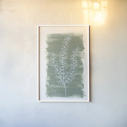 Simple Sprigs of Rosemary by Yvette St. Amant. shown as a paper print in a white frame. Available as a archival giclee rolled canvas, fine art paper, or poster print. SKU 93601h.