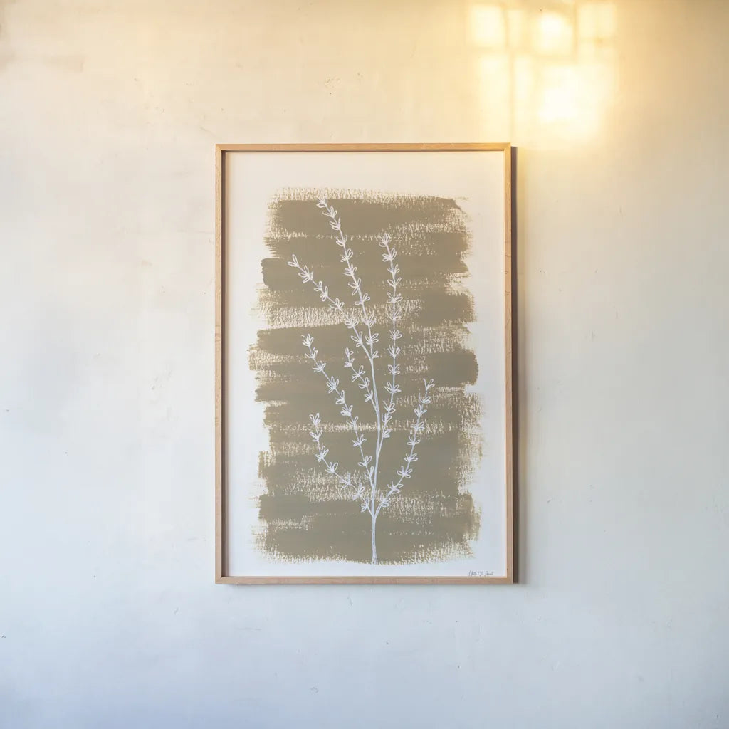 Simple Sprigs of Thyme by Yvette St. Amant. shown as a paper print in a natural frame. Available as a archival giclee rolled canvas, fine art paper, or poster print. SKU 93600h.