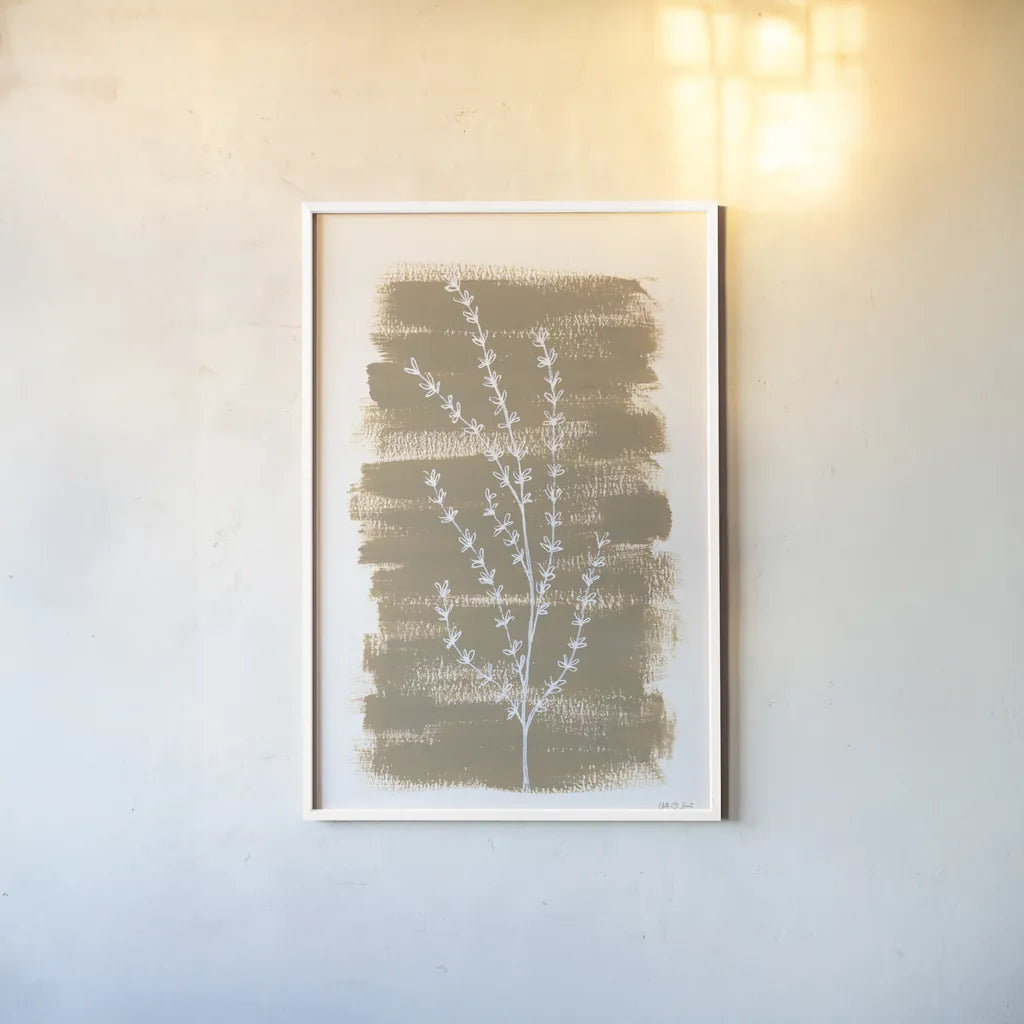 Simple Sprigs of Thyme by Yvette St. Amant. shown as a paper print in a white frame. Available as a archival giclee rolled canvas, fine art paper, or poster print. SKU 93600h.