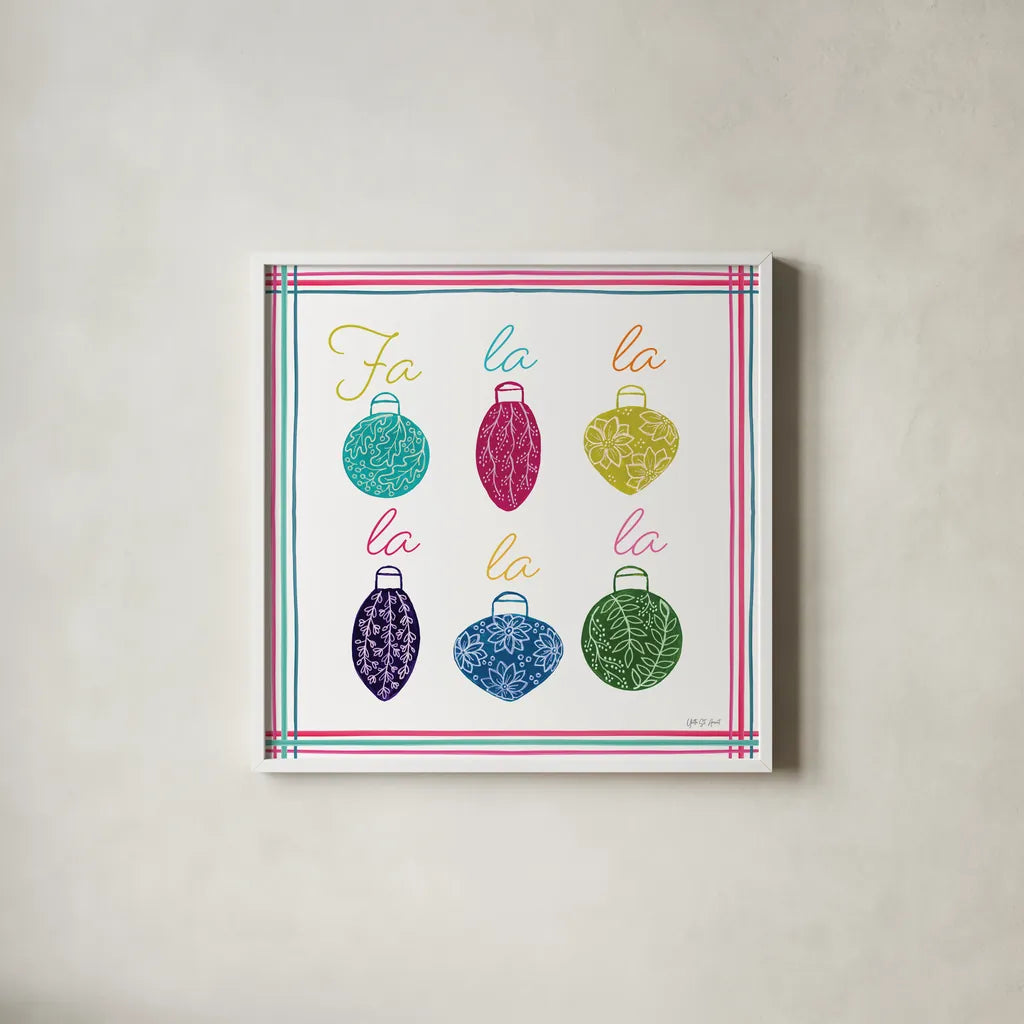 Singing Ornaments by Yvette St. Amant. Shown in a crisp white glass frame for a clean and minimalist style. Available as an archival giclee rolled canvas, fine art paper, or poster print. SKU 94139a.