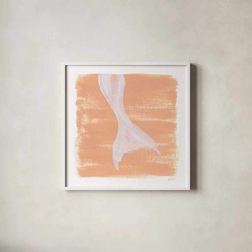 Soft Sea Mermaid Tail by Yvette St. Amant. Shown in a crisp white glass frame for a clean and minimalist style. Available as an archival giclee rolled canvas, fine art paper, or poster print. SKU 89999a.